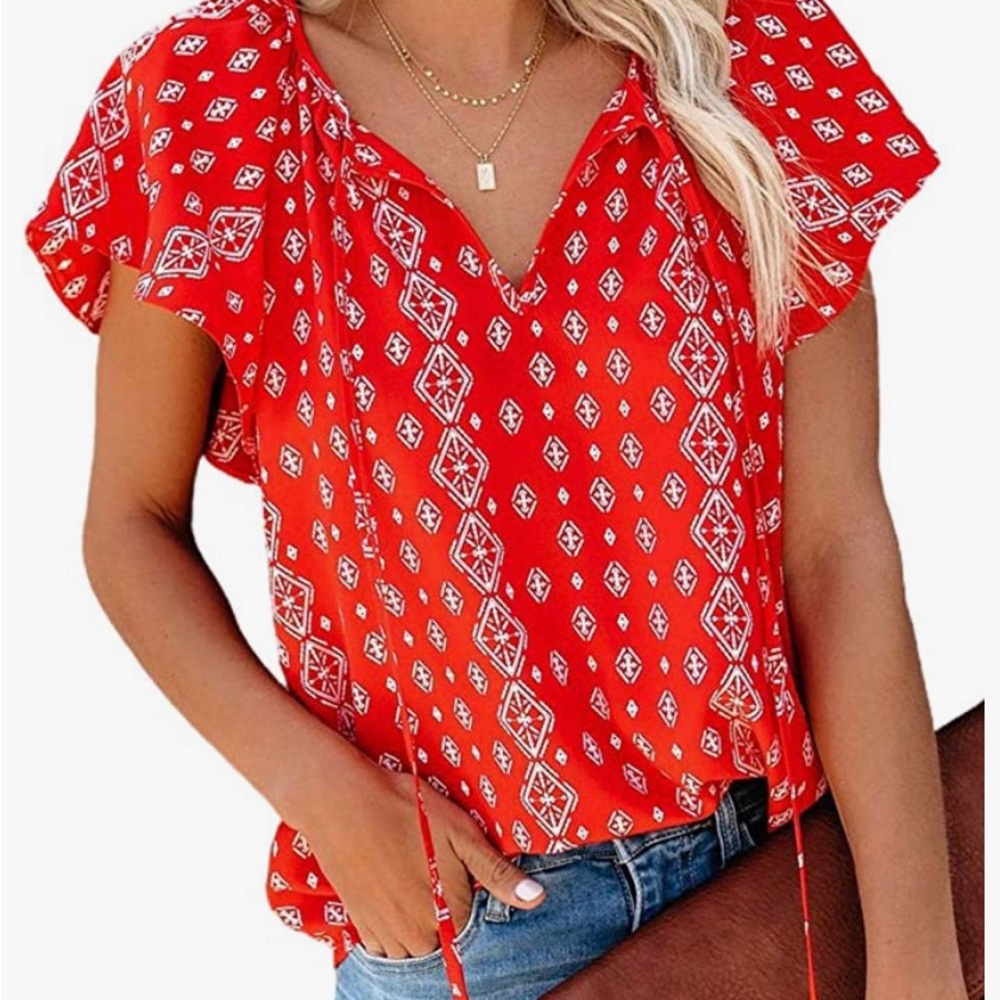 Cute orange blouse with tie strings in front- xl